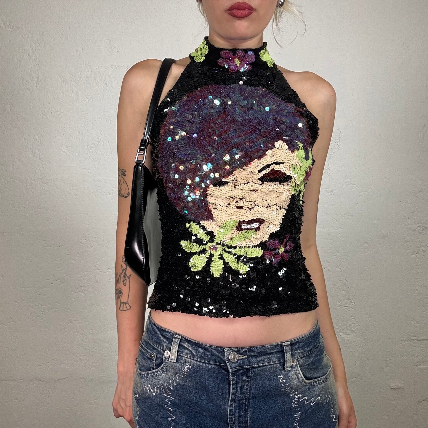 Vintage 2000's Funky High Neck Black Sequin Top with Female Face Print (s)