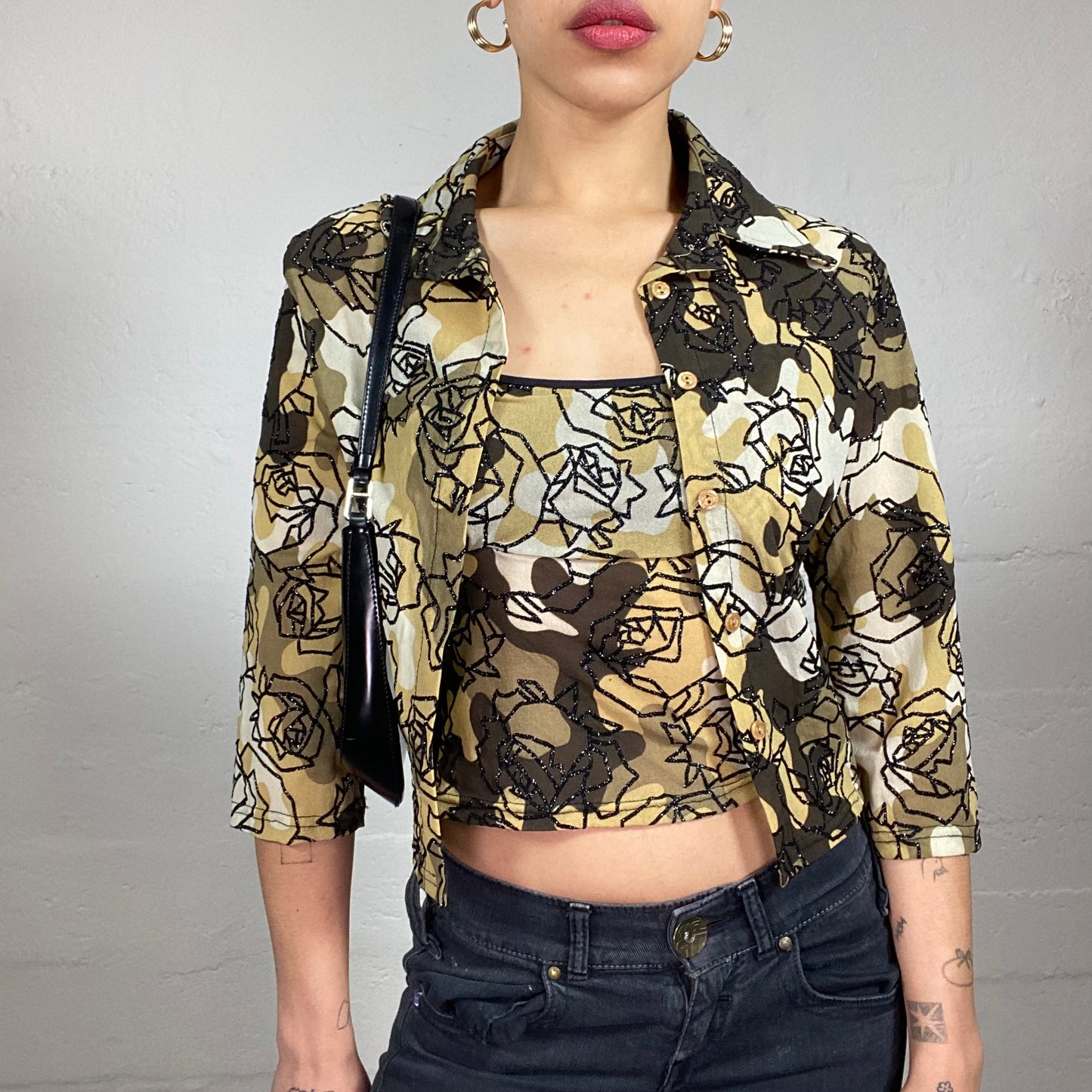 Vintage 2000's Romantic Bundle Button Up Shirt and Cami Top in Brown Tine with Black Glitter Rose Print (S/M)