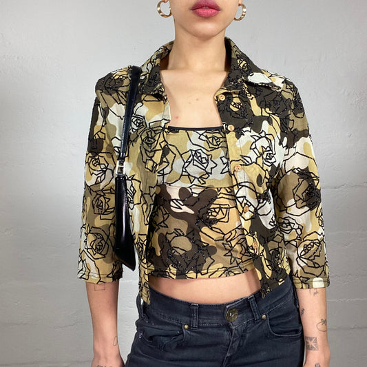 Vintage 2000's Romantic Bundle Button Up Shirt and Cami Top in Brown Tine with Black Glitter Rose Print (S/M)