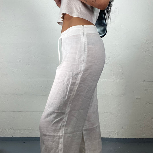 Vintage 2000’s Soft Girl Summer White Linen Wide Leg Low Rise Pants with Waist Rubber (S)
