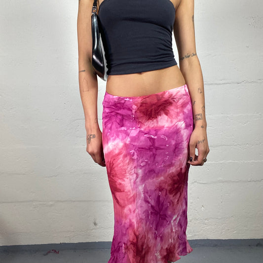 Vintage 2000's Romantic Summer Pink and Red Tie Dye Midi Skirt (S)