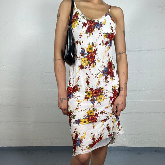 Vintage 2000's Romantic White Linen Midi Cami Dress with Red and Yellow Flowers Print (L)