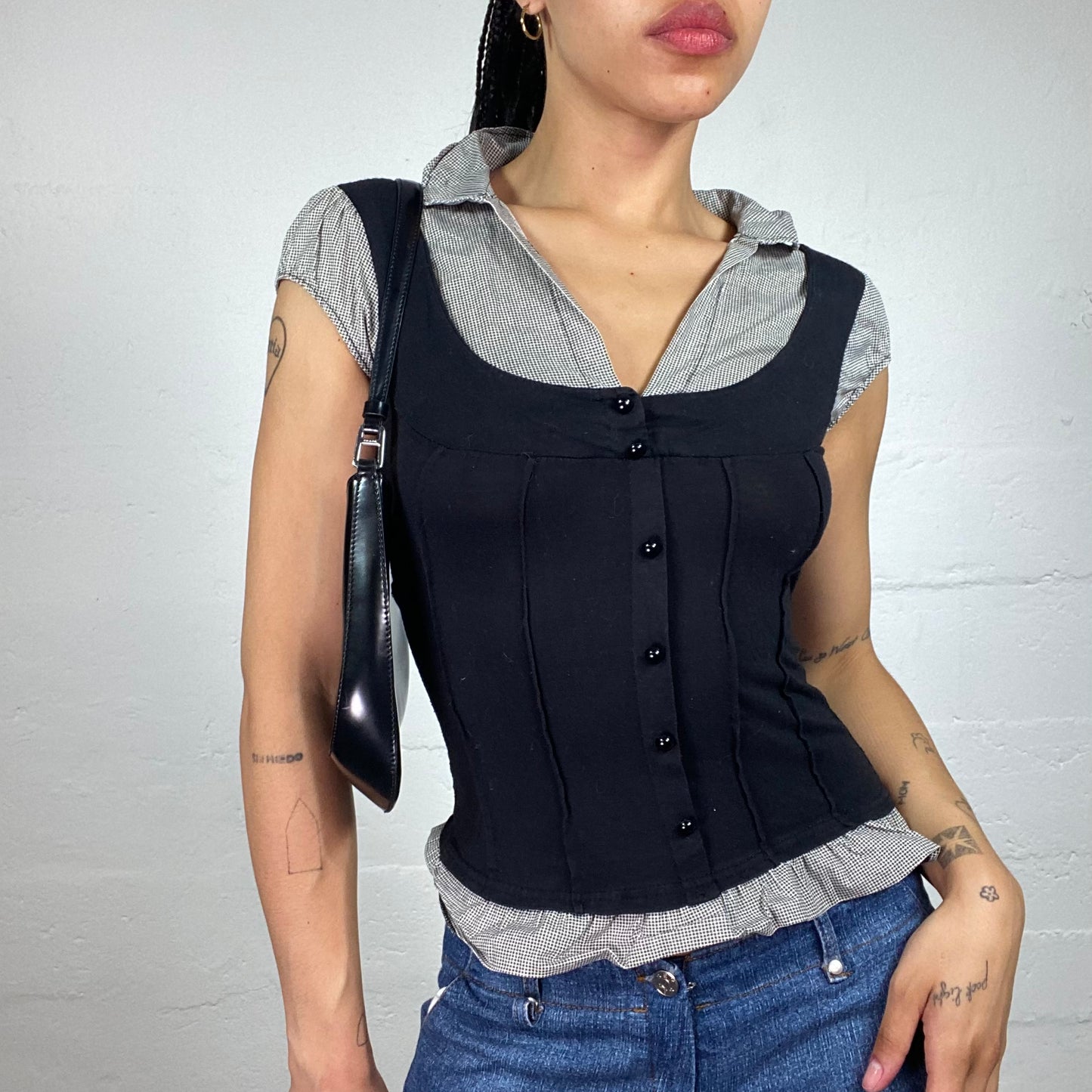 Vintage Y2K Office Siren Black and Grey Collared Shirt and Tank Top Combo Top (S)