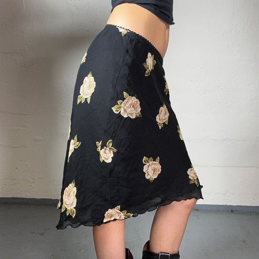 Vintage 2000's Romantic Black Chiffon Midi Skirt with Beige Roses Print (S)