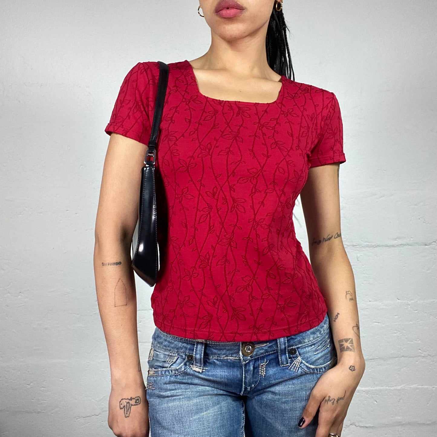 Vintage 2000's Downtown Girl Dark Red Tee with Floral Monotone Print (S)