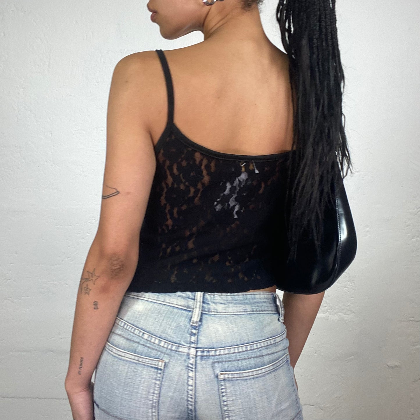 Vintage 2000’s Friday Night Out Black Classy Cropped Lace Material Cami Top (S)
