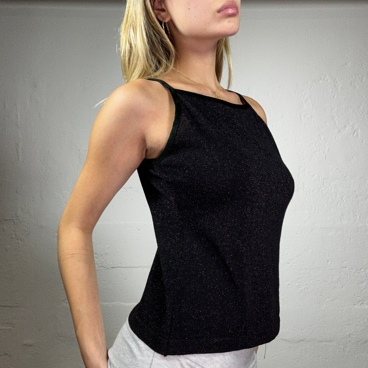 Vintage 2000's Clubwear Black Glittery High Neck Top (L)