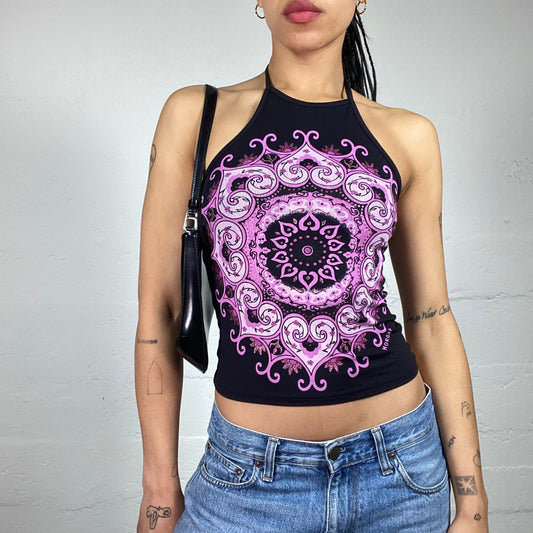 Vintage 2000's Morgan Boho Girl Summer Purple Abstract Printed Neckholder Top (S)