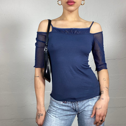 Vintage 2000's Romantic Navy Blue Off Shoulders Mesh Sleeves Half Cami Top (S)