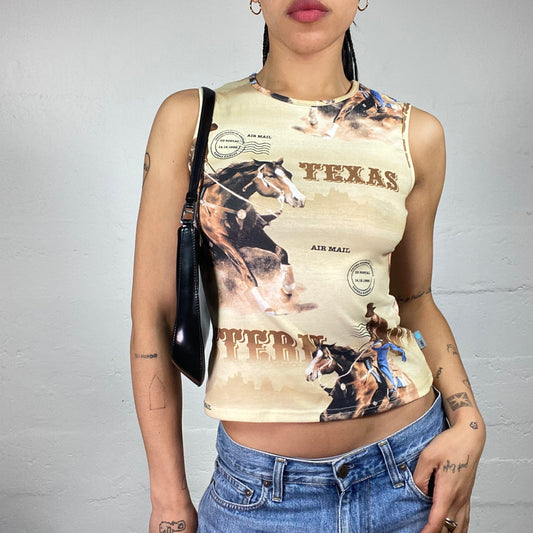 Vintage 2000's Cowgirl Style Brown Texas and Horses Printed Tank Top (M)