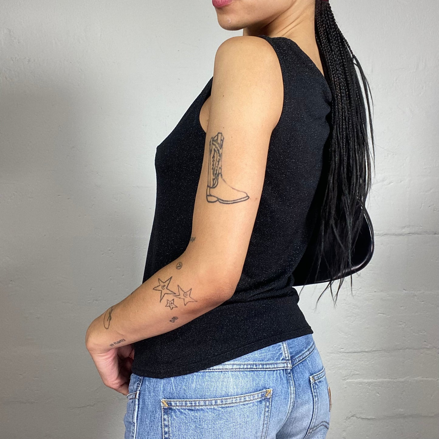 Vintage 2000's Glamorous Black Draped Shiny Sleeveless Top (S)