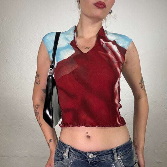 Vintage 2000's Pinko Archive Red and Light Blue Tie Dye V-Neck Tank Top (M)