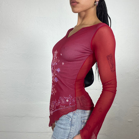 Vintage 2000’s Summer Boho Girl Red Mesh See Through Asymmetric Longsleeve Top with Floral Print (M)