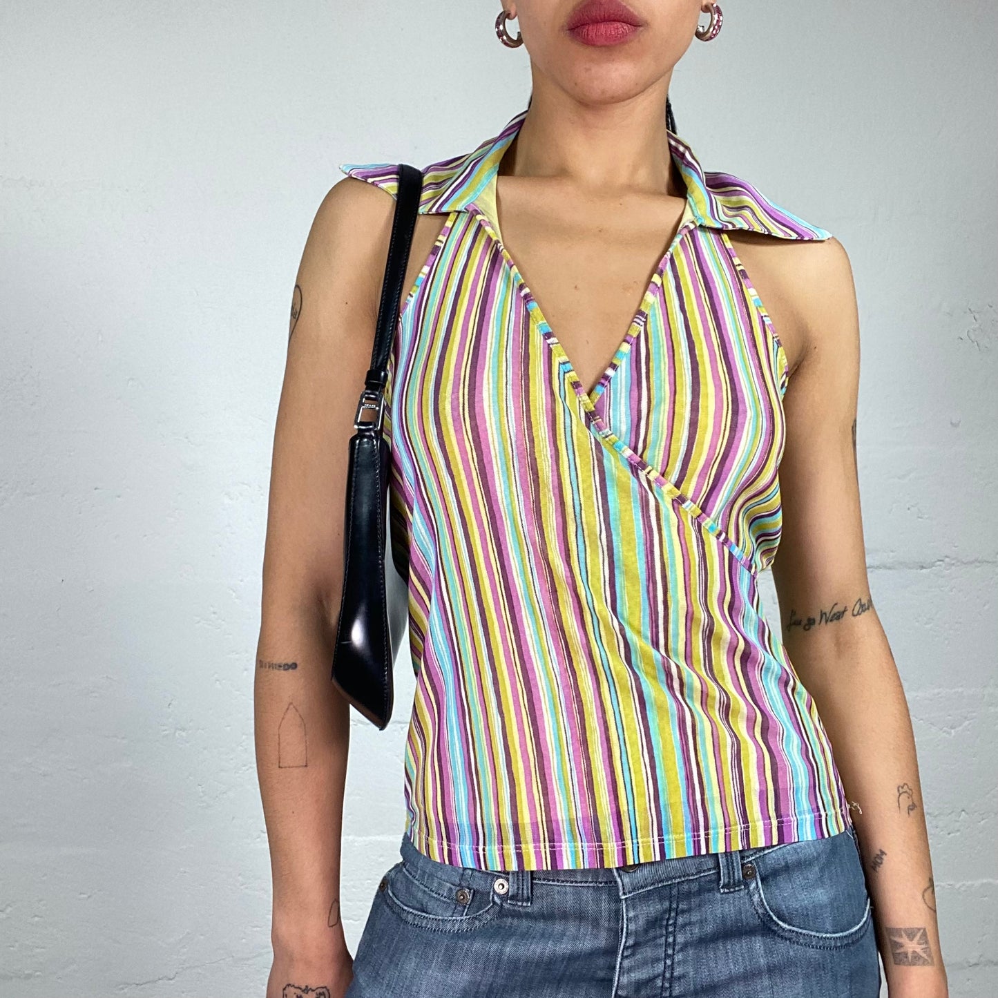 Vintage 2000's Funky Multicolour Stripes Printed Wrap Up Effect Collared Neckholder Top (M)