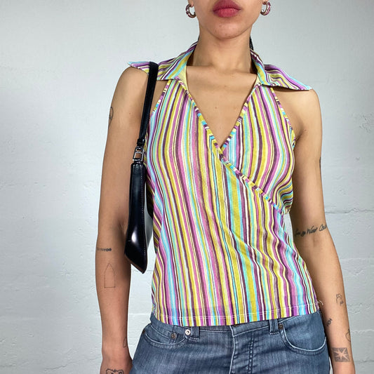 Vintage 2000's Funky Multicolour Stripes Printed Wrap Up Effect Collared Neckholder Top (M)