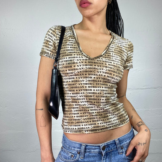 Vintage 2000's Morgan Downtown Girl Beige Toned Typography Printed V-Cut Tee (S)