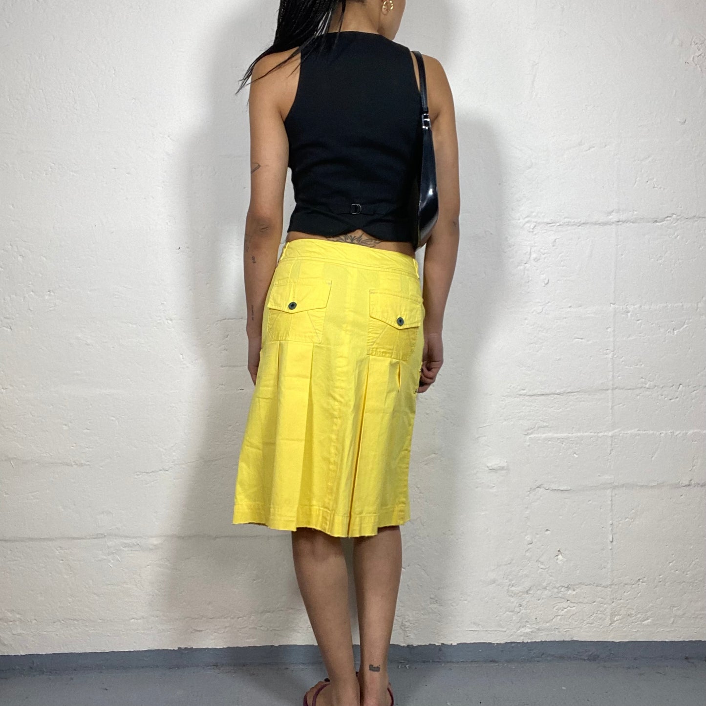 Vintage 2000's Summer Lemon Yellow Low Waisted Pleated Midi Skirt (S)