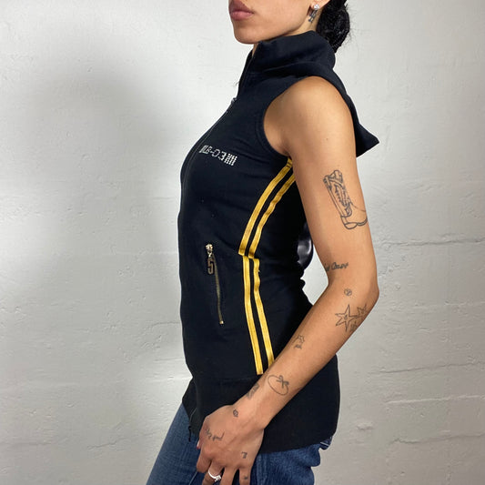 Vintage 2000's Sporty Black Sleeveless Sip Up Hooded Top with Side Yellow Stripes and Rhinestone Embroidery (M)