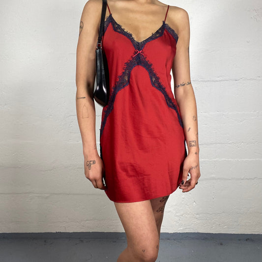 Vintage 2000's Romantic Lingerie Style Red Silky Mini Cami Dress with Black Lace Details (M)