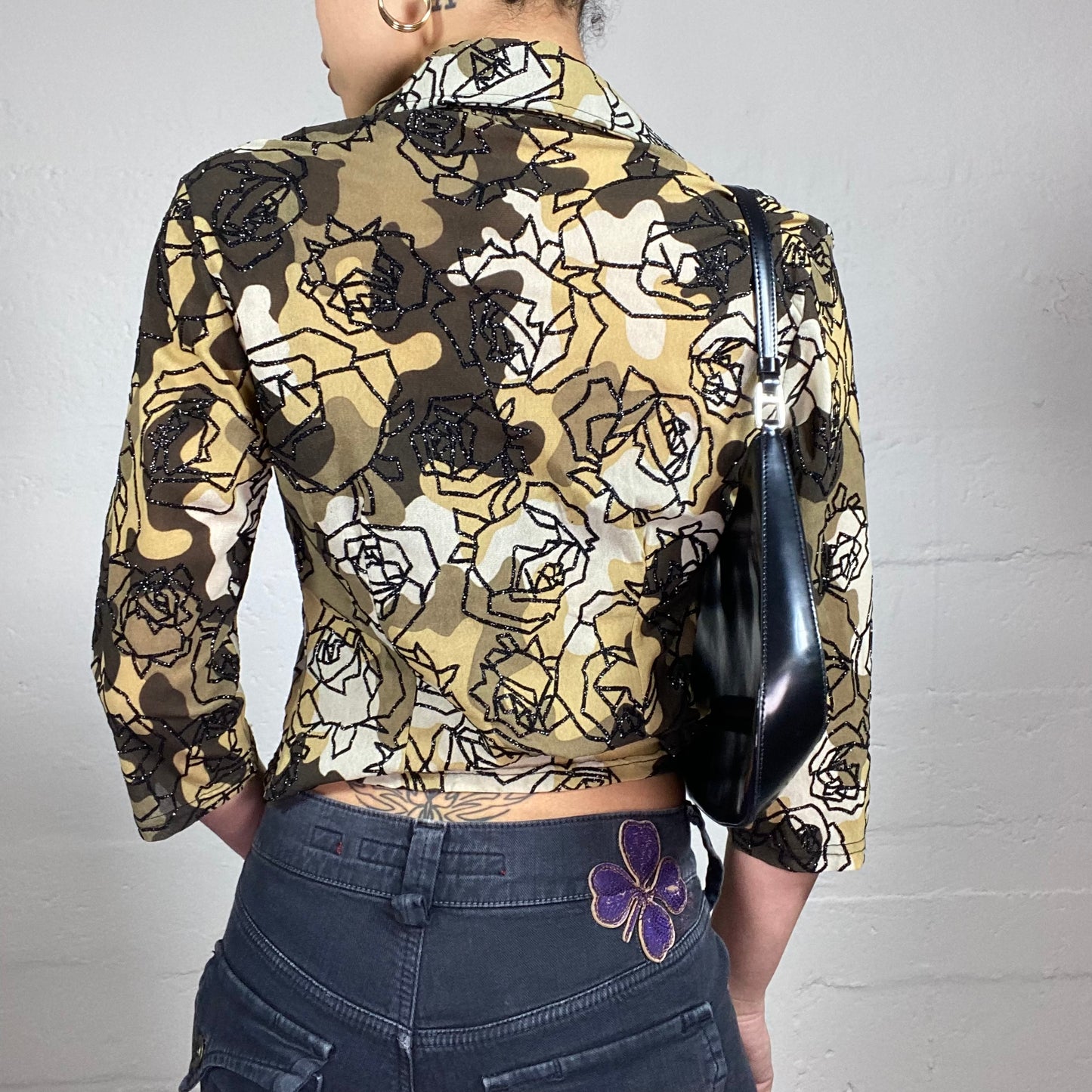 Vintage 2000's Romantic Bundle Button Up Shirt and Cami Top in Brown Tine with Black Glitter Rose Print (S/M)