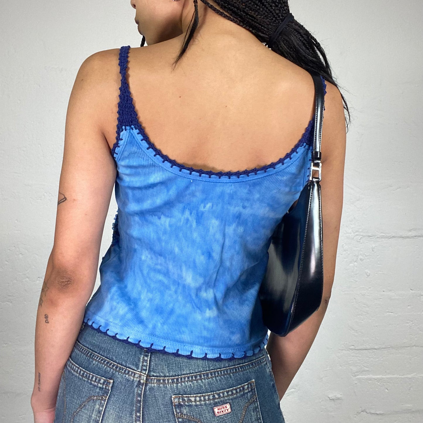 Vintage 2000's Summer Girl Sky Blue Jersey Tank Top with Crochet Details and Sequin Embroidery (S)