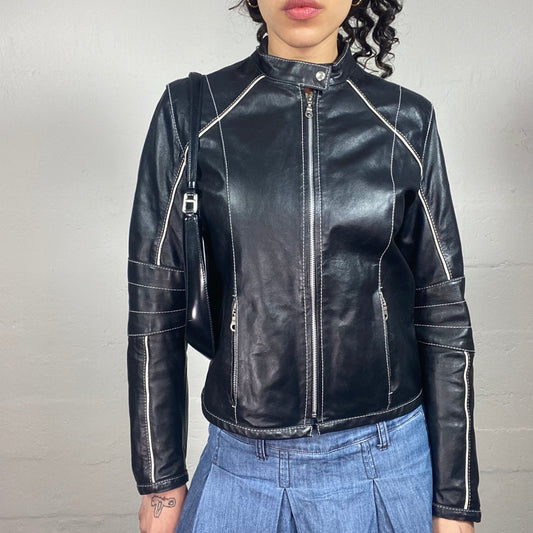 Vintage 2000's Biker Glossy Black Leather Jacket with Contrast White Stripes (M)