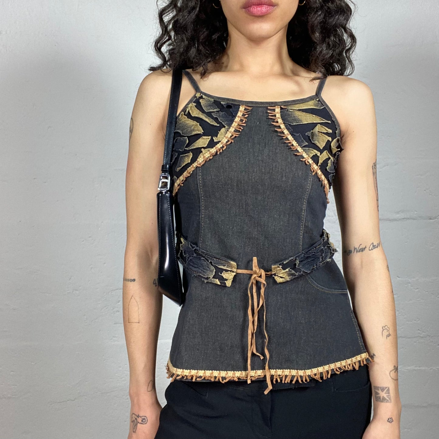 Vintage 2000's Boho Dark Denim Belted Cami Top with Orange and Yellow Embroidery Accents (XS)