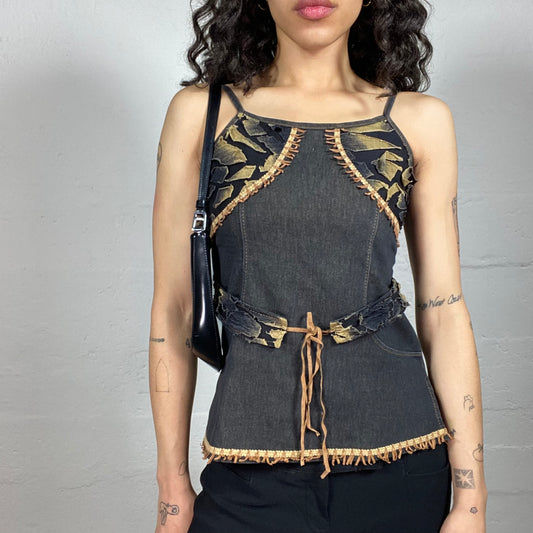 Vintage 2000's Boho Dark Denim Belted Cami Top with Orange and Yellow Embroidery Accents (XS)