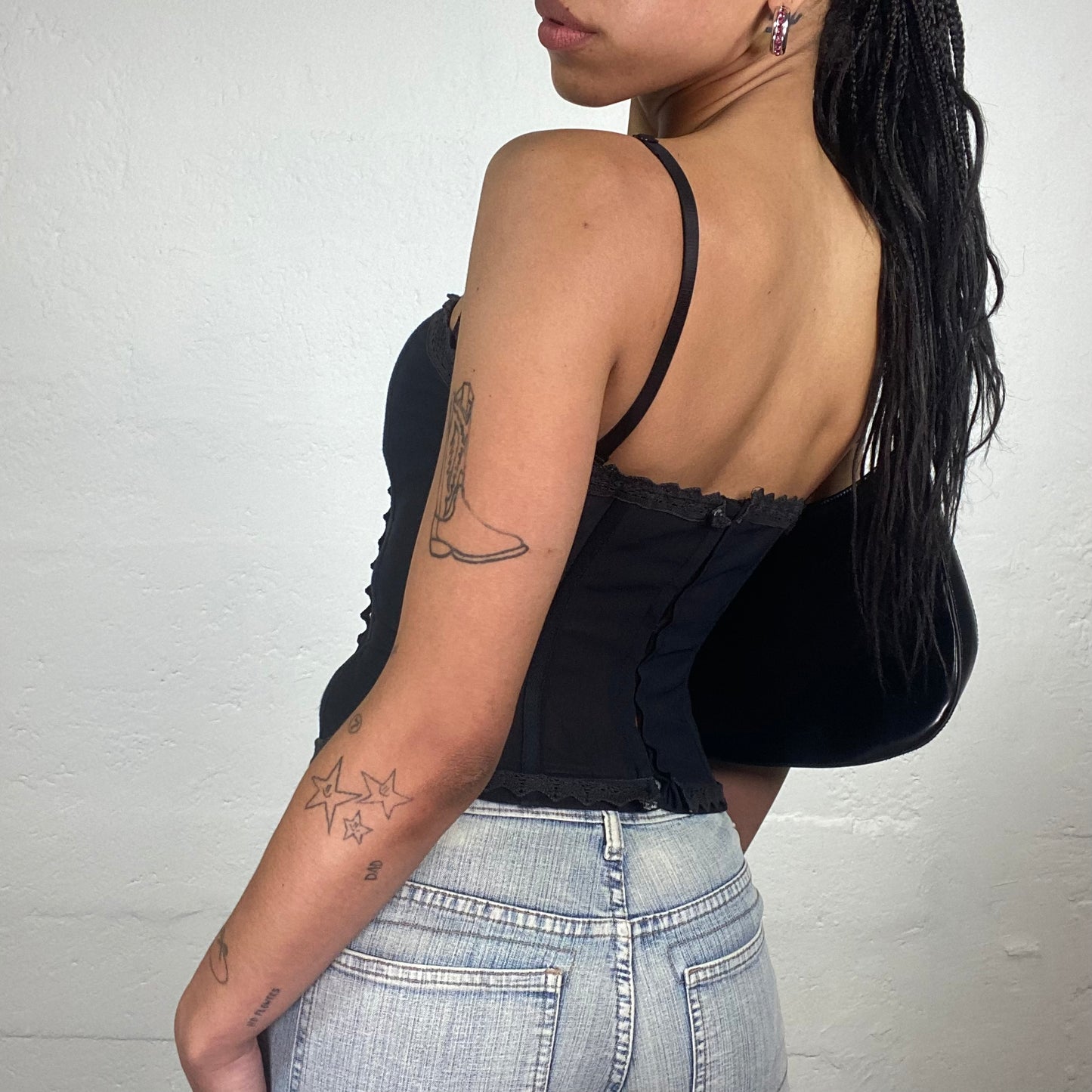 Vintage 2000’s Night Out Black Corset Top with Rhinestone Embroidered Stripe Detail (S)