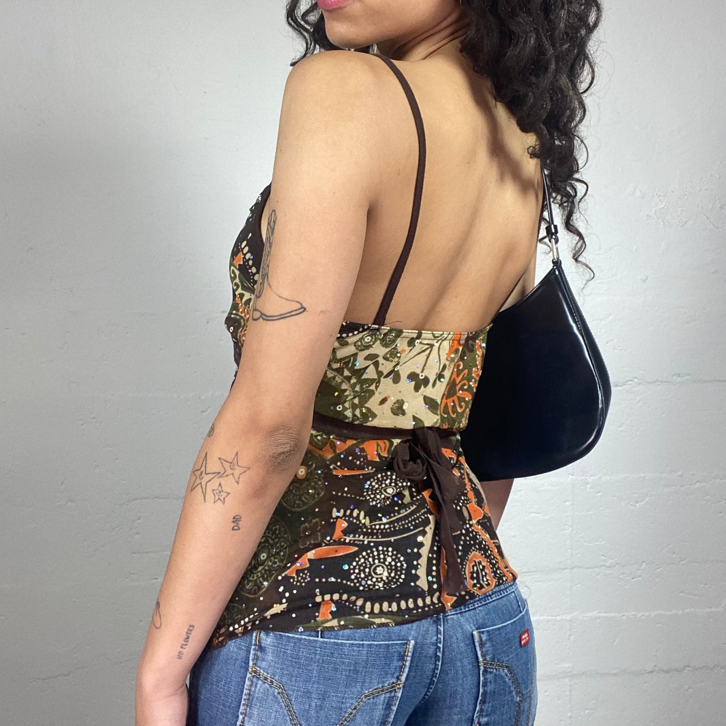 Vintage 2000's Boho Girl Brown Toned Printed Cami Top with Trim Embroidery (S)