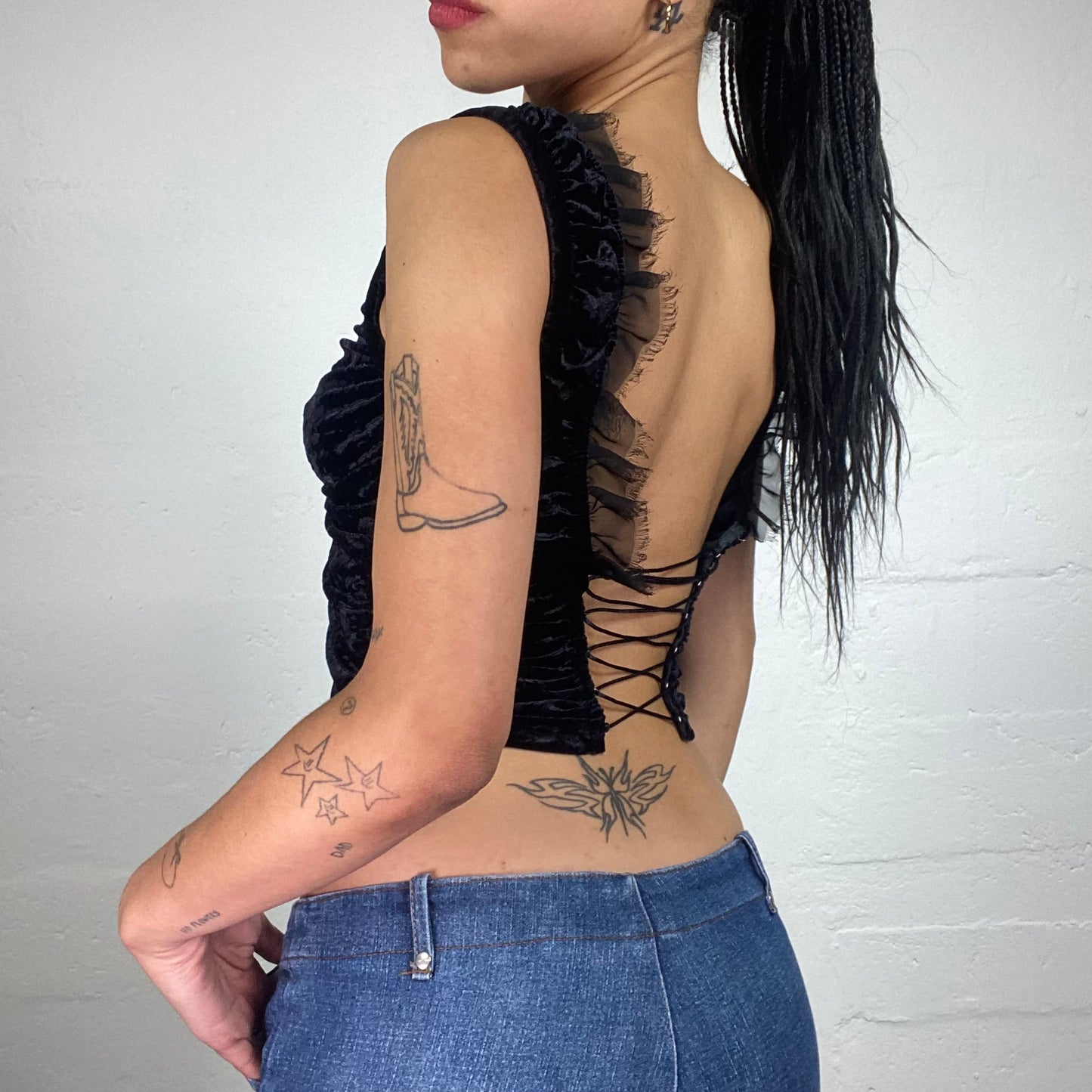 Vintage 2000's Morgan Gothic Black Velour Lace Up Top with Mesh Ruffled Details and Open Bag (S)