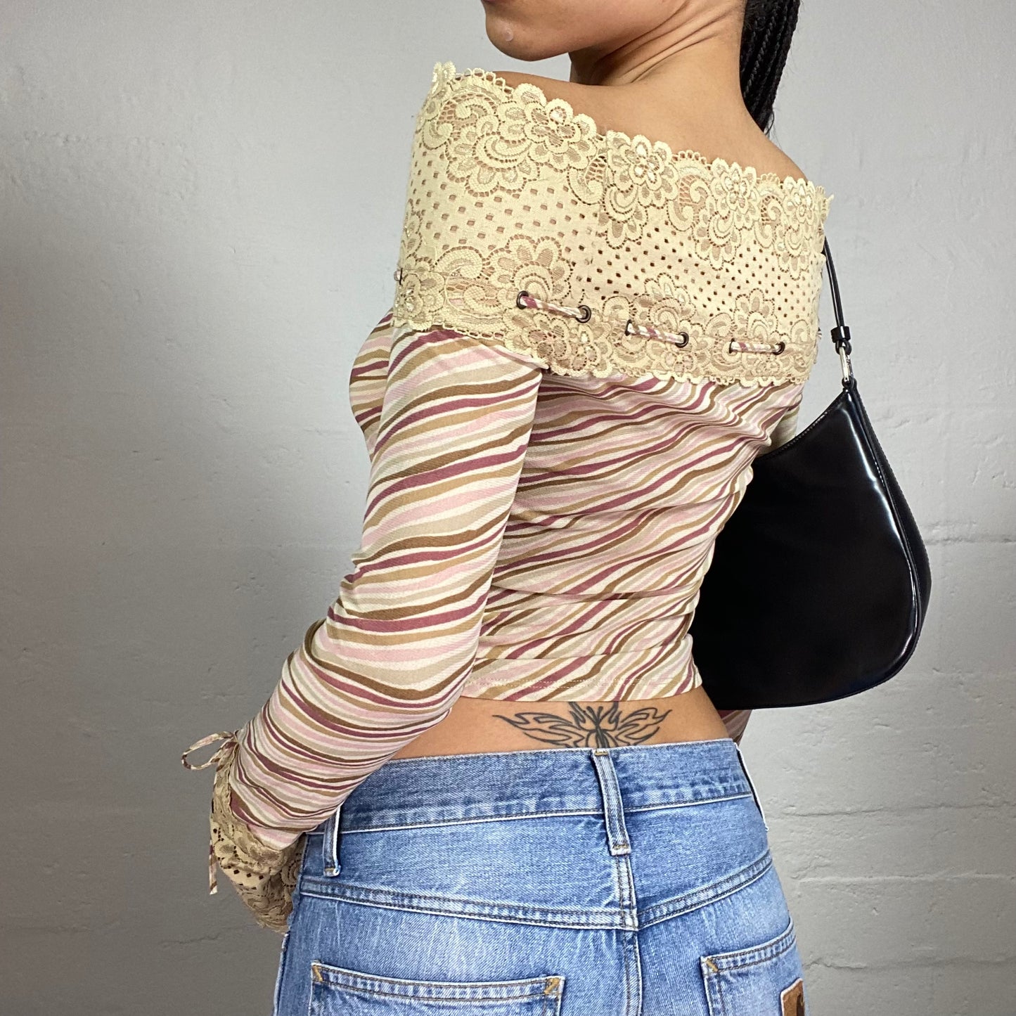 Vintage 2000's Romantic Baroque Beige and Light Brown Off Shoulder Lace Decorated Top (S)