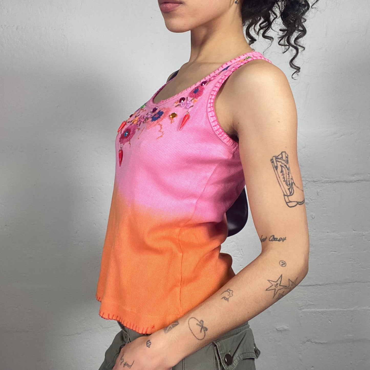 Vintage 2000's Hippie Jersey Orange and Pink Tank Top with Sequins Decorated Embroidery (M)