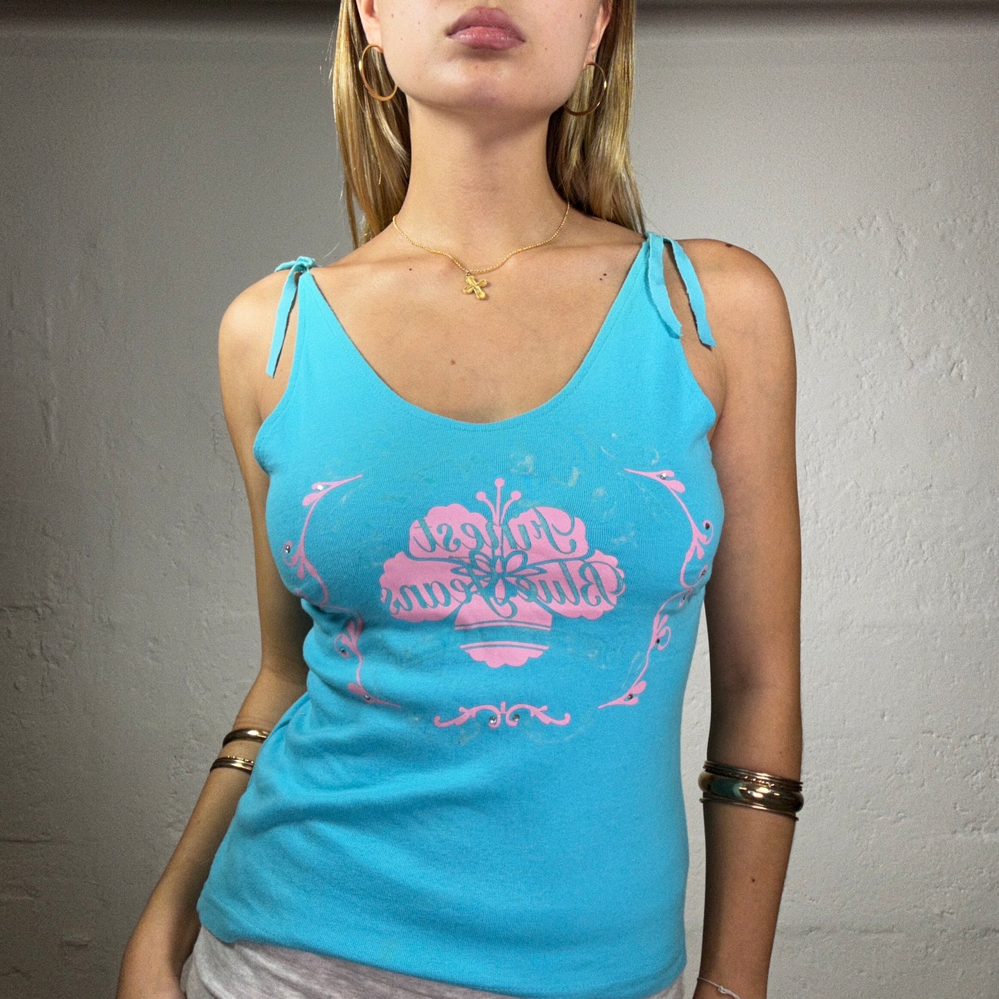 Vintage 2000's Summer Acqua Blue Top with Baby Pink Front Print (M)