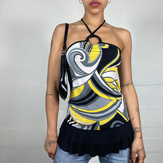 Vintage 2000's Summer Date Black and Yellow Geometric Abstract Print Neckholder Top with Ruffled Skirt Detail (S)