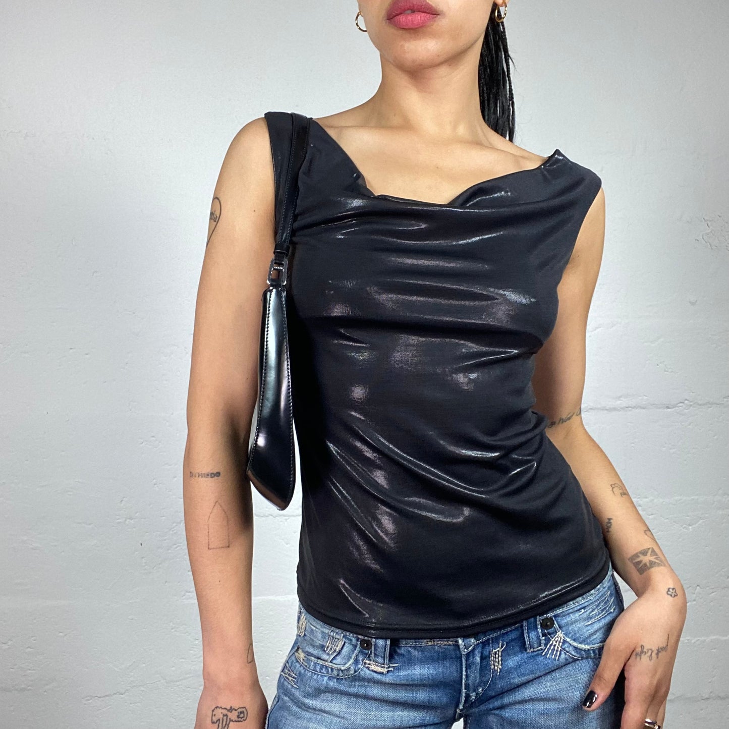 Vintage 2000's Clubwear Black Glossy Draped Tank Top (S)