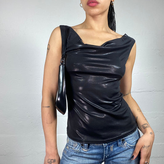 Vintage 2000's Clubwear Black Glossy Draped Tank Top (S)