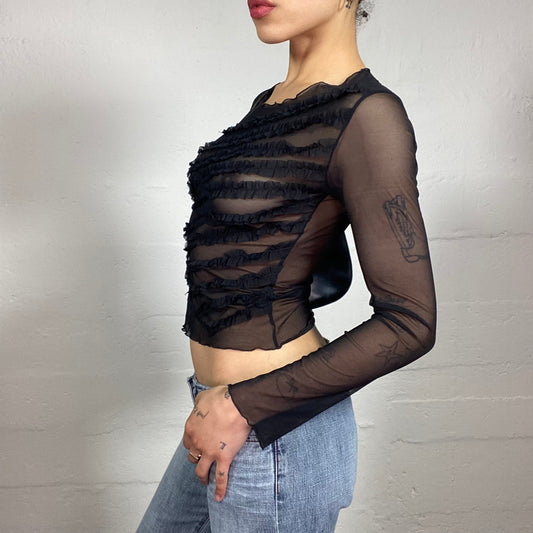 Vintage 2000's Edgy Black Mesh Longsleeve Top with Black Textred Embroidery (S)