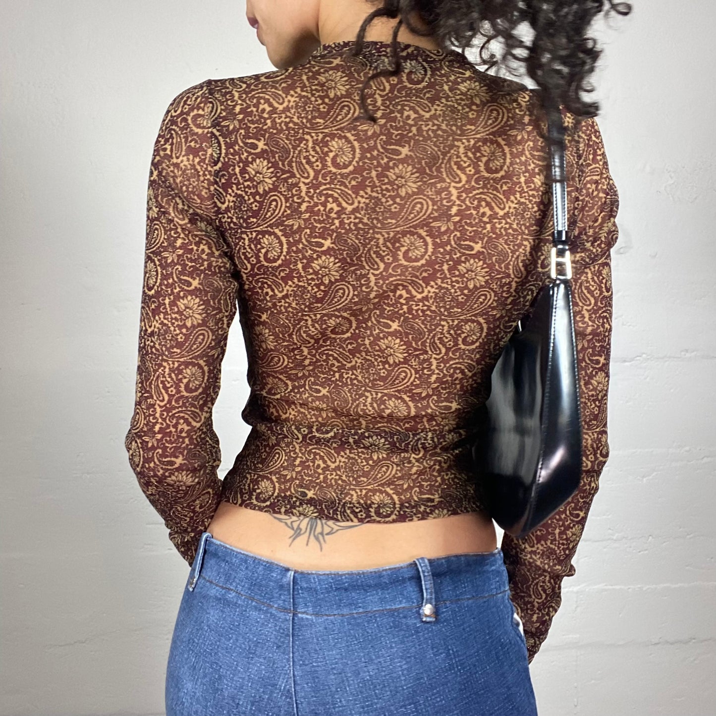 Vintage 2000's Boho Girl Brown Mesh Printed Button Up Longsleeve Top (M)
