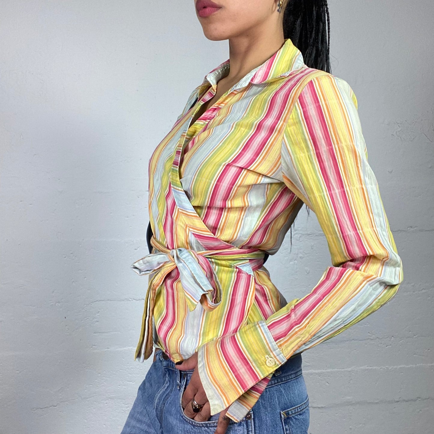 Vintage 2000's Fun Summer Yellow Pink and Blue Striped Wrapped Up Collared Shirt with Waist Binding (S)