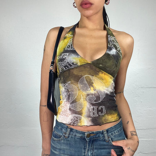 Vintage 2000's Downtown Green and Yellow Abstract Print Neckholder Top with Rhinestone Embroidery (S)
