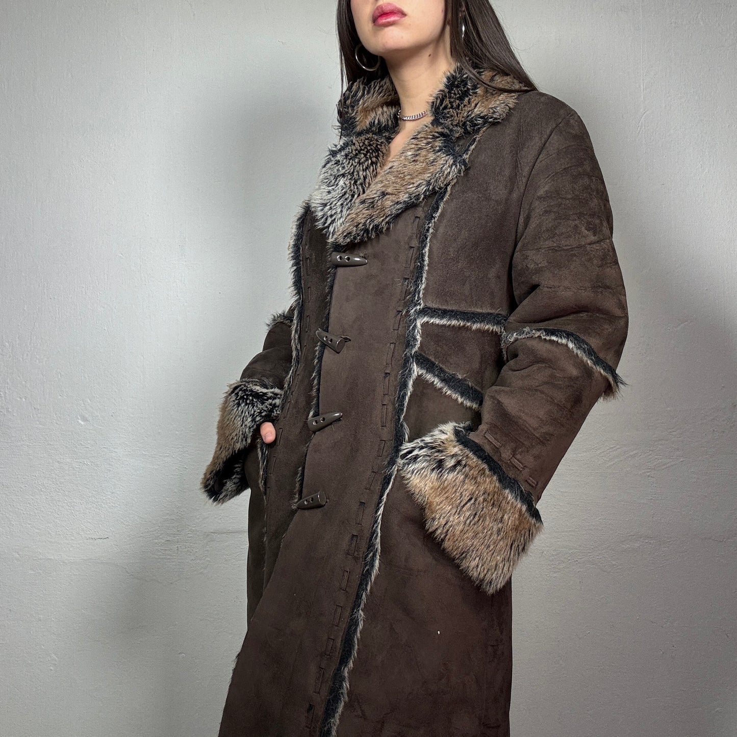 Vintage 90’s Brown Archive Faux Fur Trim Coat (M)