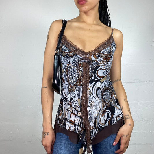 Vintage 2000's Romantic Brown and Light Blue Boho Style Printed Draped Cami Top with Lace Decoration (M)