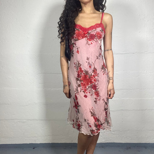 Vintage 2000's Romantic Summer Pink Midi Light Cami Dress with Red Lace Bra Trim and Red Floral Print (S)