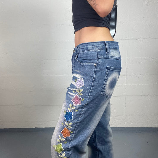 Vintage 2000's Romantic Summer Blue Special Wash Out Straight Fit Jeans with Floral Embroidery (M)
