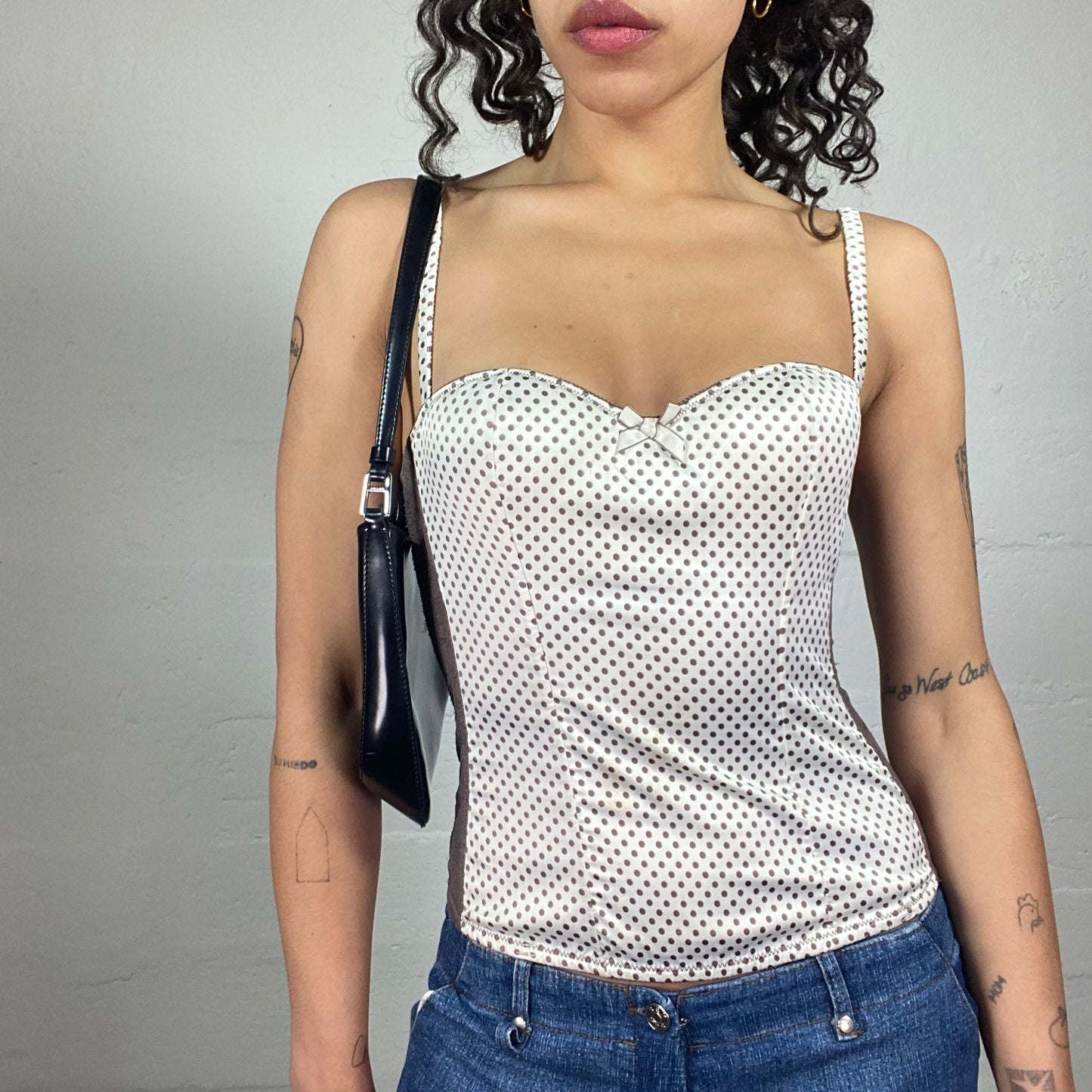 Vintage 2000's Coquette White Polka Dot Small Ribbon Detail Beige Back Corset Top (S)