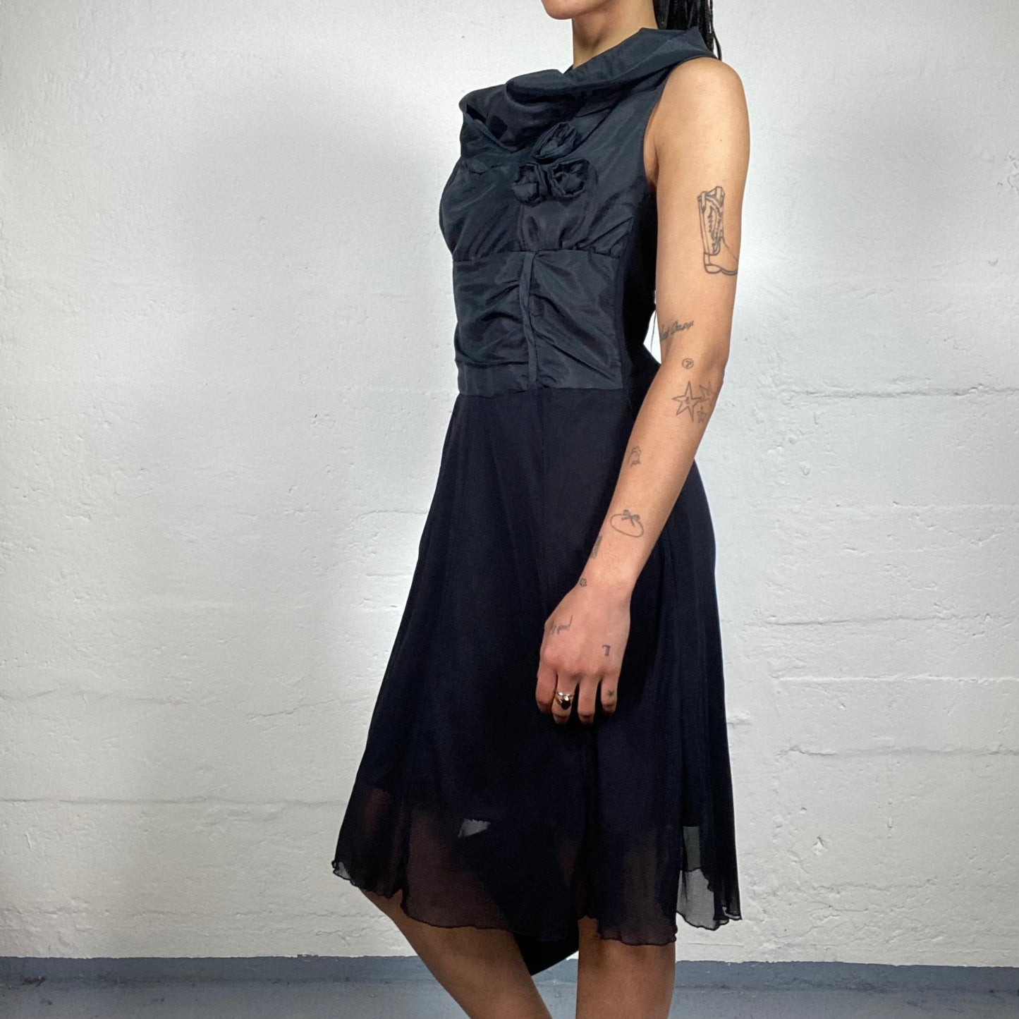 Vintage 2000's Glamorous Black Nylon Top Roses Embroidery and Chiffon Skirt Dress (M)