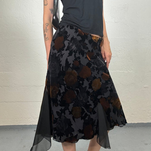 Vintage 2000's Dark Boho Girl Satin Black Midi Skirt with Floral Print (M/L)