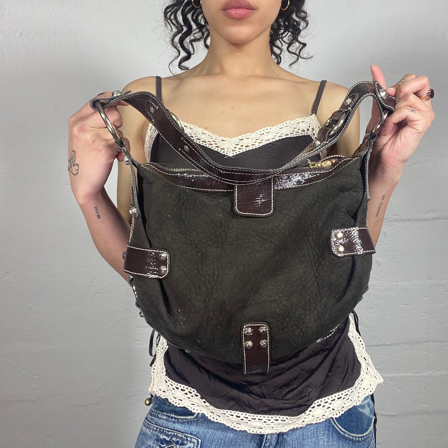 Vintage 2000's Glamorous Guess Brown Glossy Leather and Belts Details Shoulder Bag