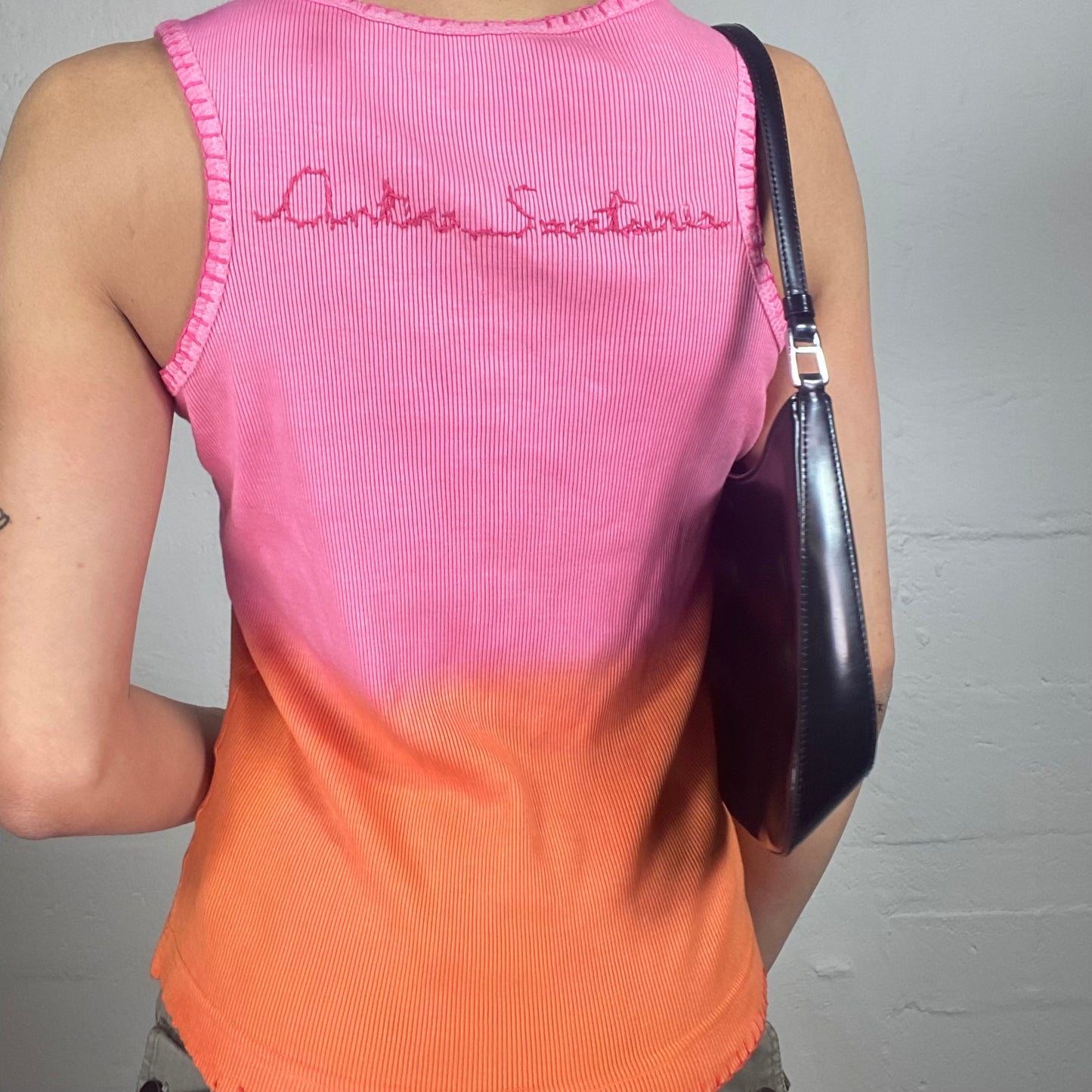 Vintage 2000's Hippie Jersey Orange and Pink Tank Top with Sequins Decorated Embroidery (M)